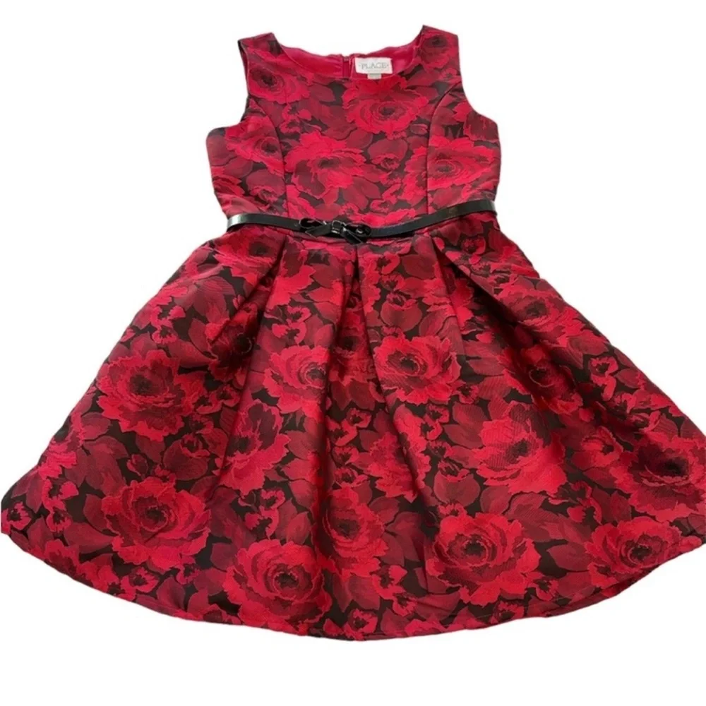 The Children’s Place Dress Red Floral Jacquard Belted Girls Size 10